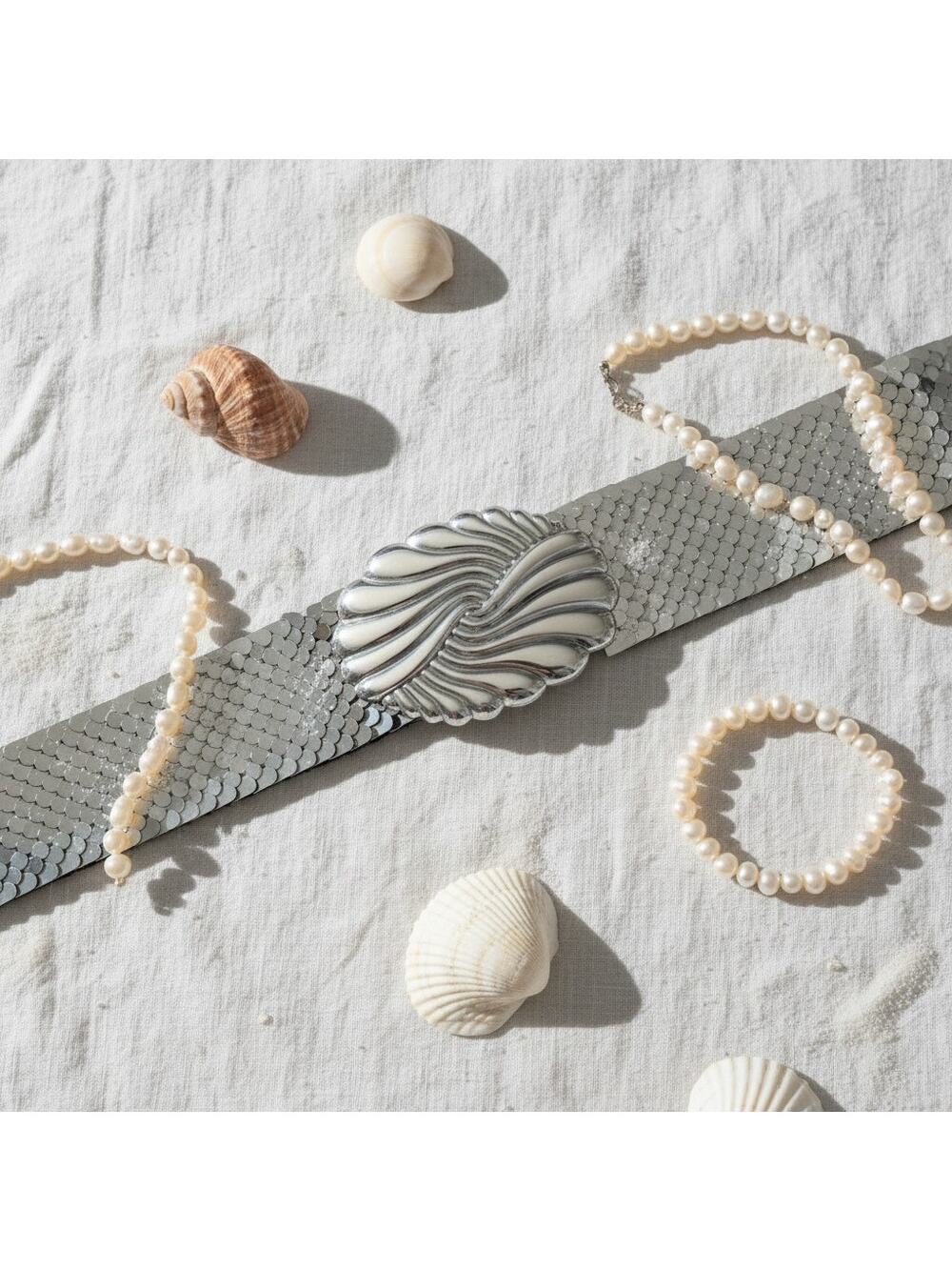 Vintage Silver Fish Scale Metal Mesh Belt-Shell Buckle-Coastal Glam-70-80s-Disco
